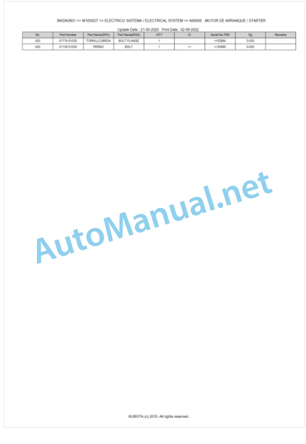 Kubota M105SDT Parts Manual PDF BKIDK0601-2