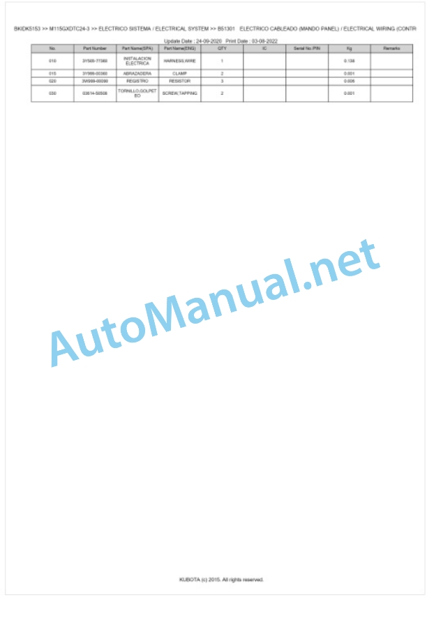 Kubota M115GX-3 Parts Manual PDF BKIDK5153-3