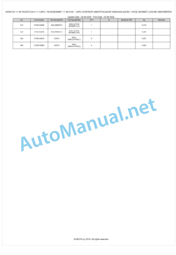 Kubota M115GX-3 Parts Manual PDF BKIDK5153-5