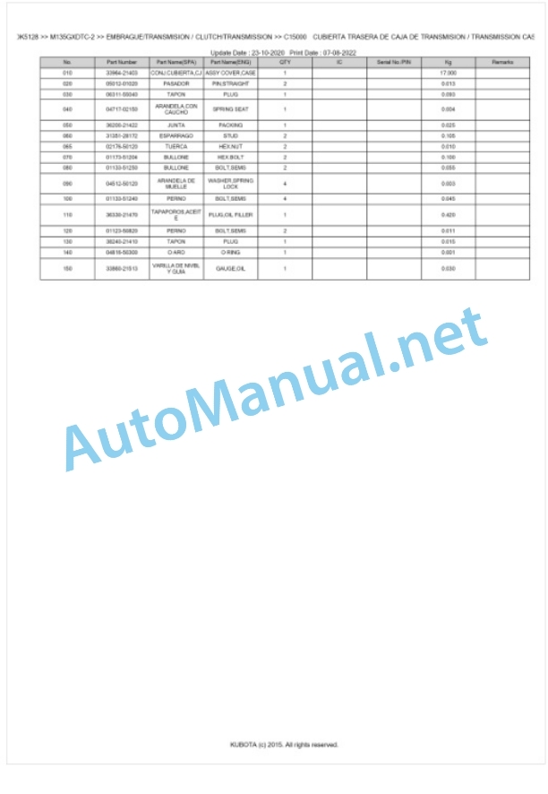 Kubota M128GX-2, M135GX-2 Parts Manual PDF BKIDK5128-3