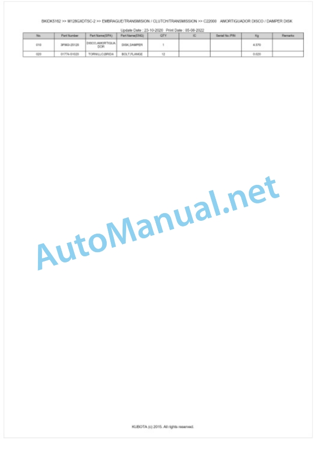 Kubota M128GX-2, M135GX-2 Parts Manual PDF BKIDK5162-3