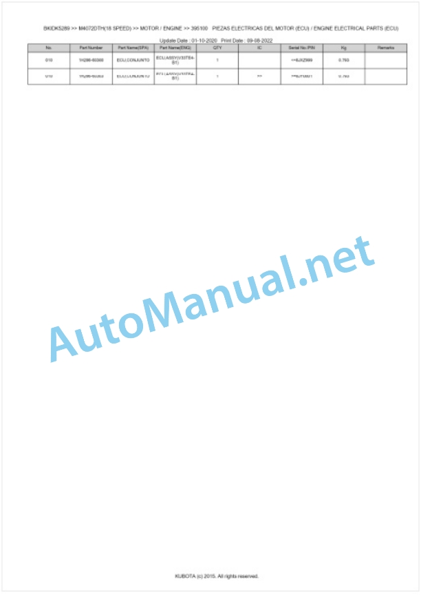 Kubota M4062, M4072 Parts Manual PDF BKIDK5289-2