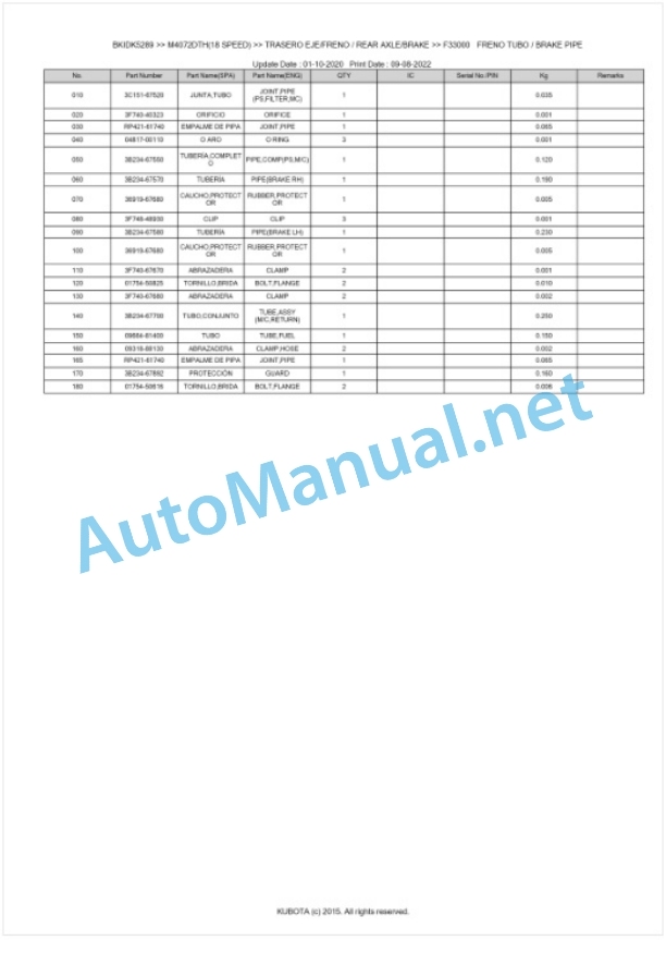 Kubota M4062, M4072 Parts Manual PDF BKIDK5289-4