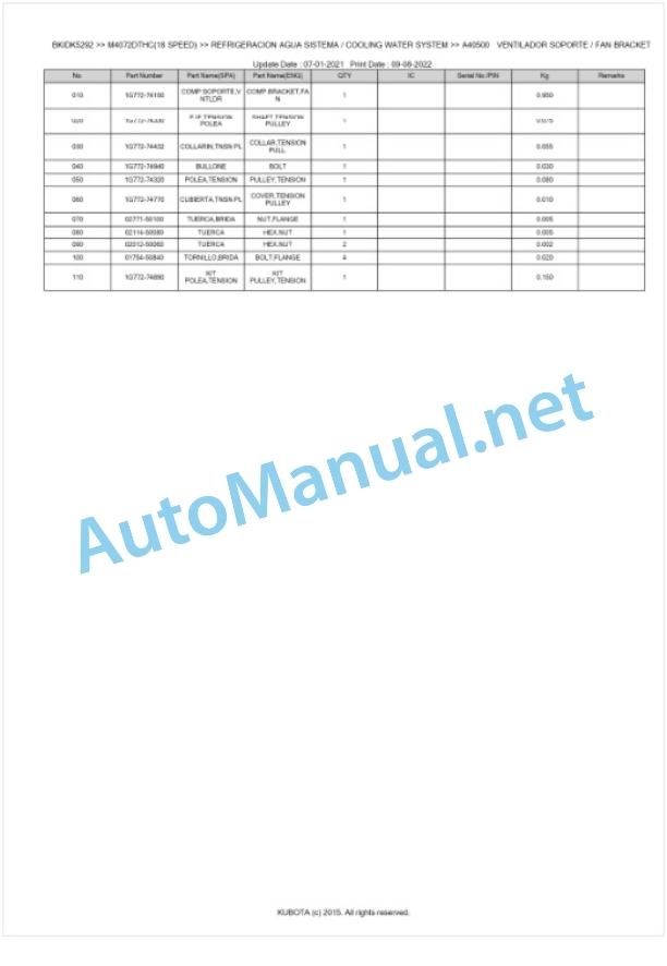 Kubota M4062, M4072 Parts Manual PDF BKIDK5292-2