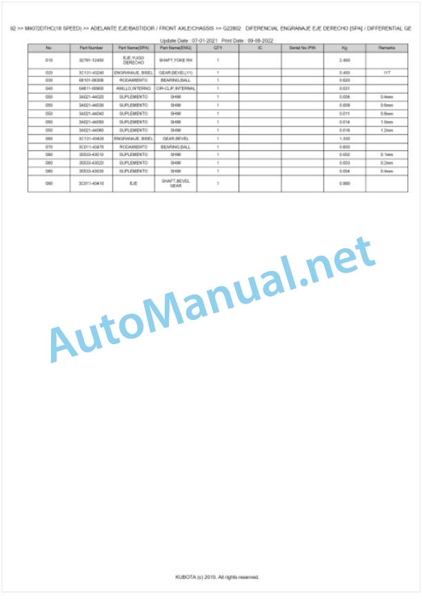 Kubota M4062, M4072 Parts Manual PDF BKIDK5292-4