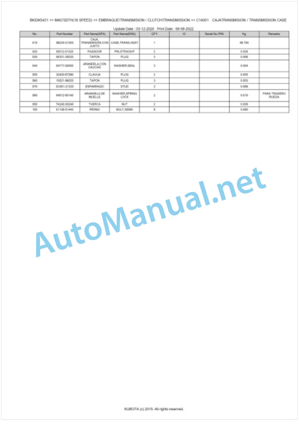 Kubota M4063, M4073 Parts Manual PDF BKIDK5431-3