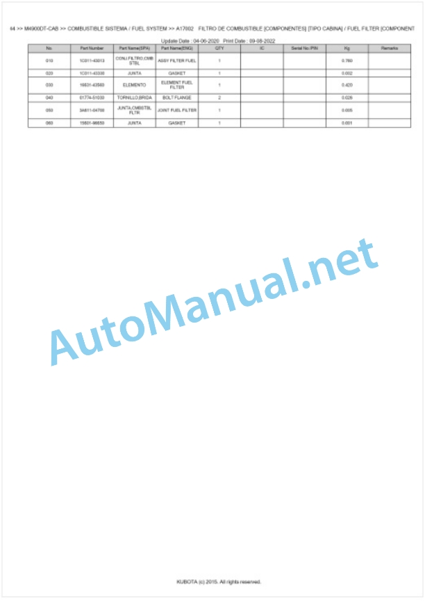 Kubota M4900DT-CAB, M5700DT-CAB Parts Manual PDF BKIDK0344-2