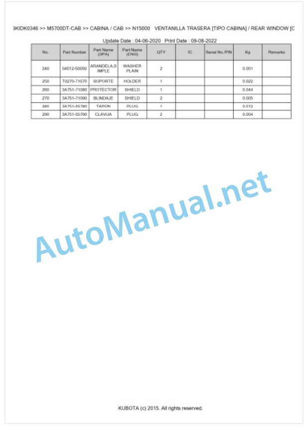 Kubota M4900DT-CAB, M5700DT-CAB Parts Manual PDF BKIDK0346-5