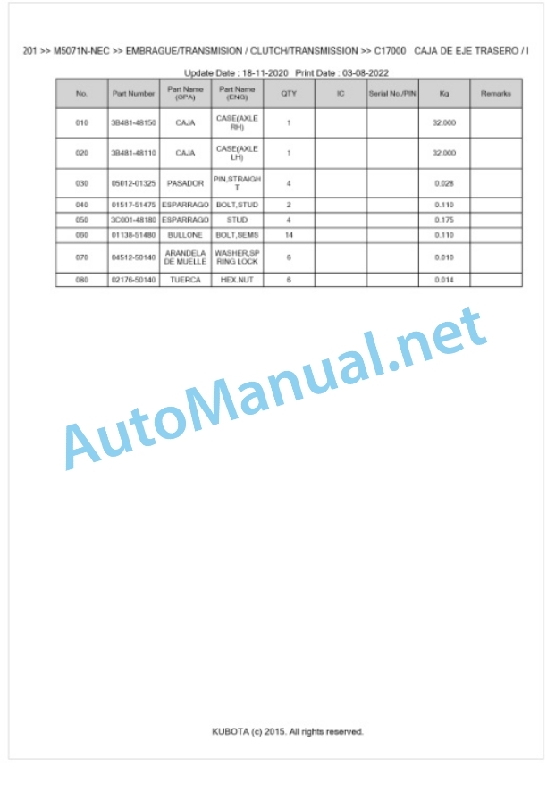 Kubota M5071 Parts Manual PDF BKIDK5201-3