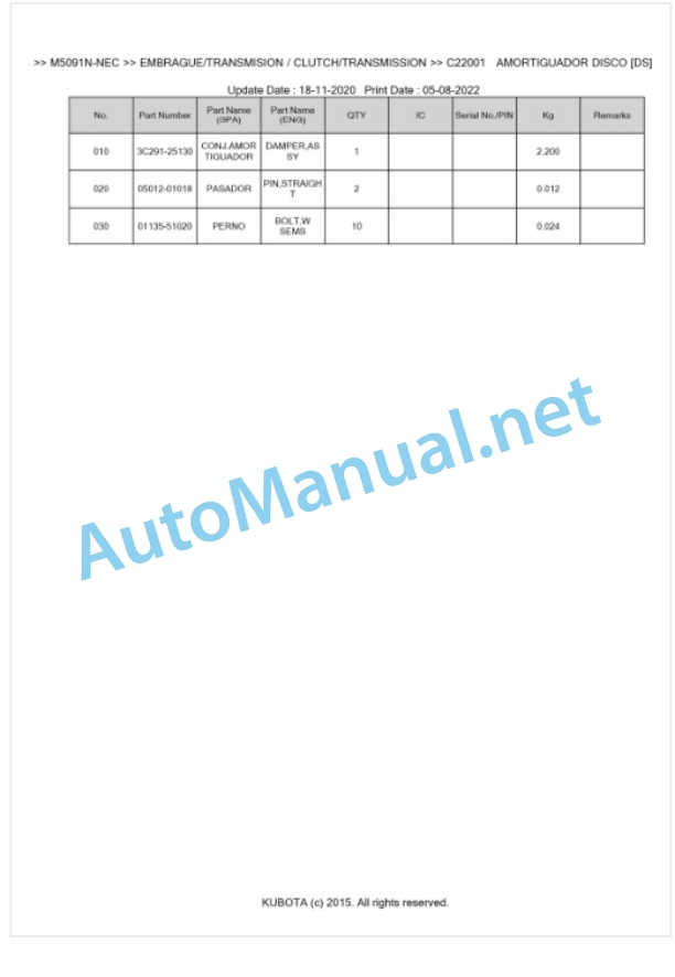 Kubota M5091N, M5101N Parts Manual PDF BKIDK5203-3