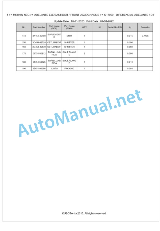 Kubota M5091N, M5101N Parts Manual PDF BKIDK5205-4