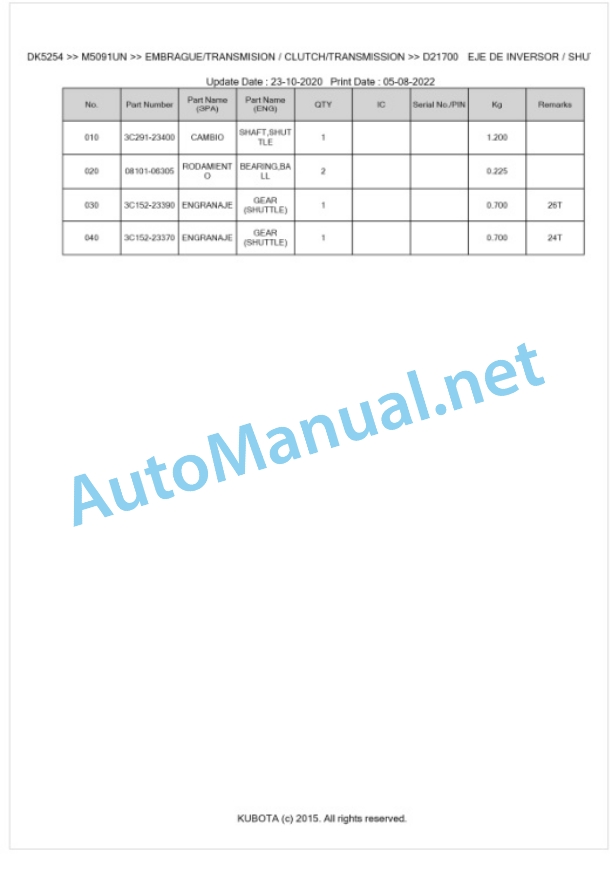 Kubota M5091UN Parts Manual PDF BKIDK5254-3