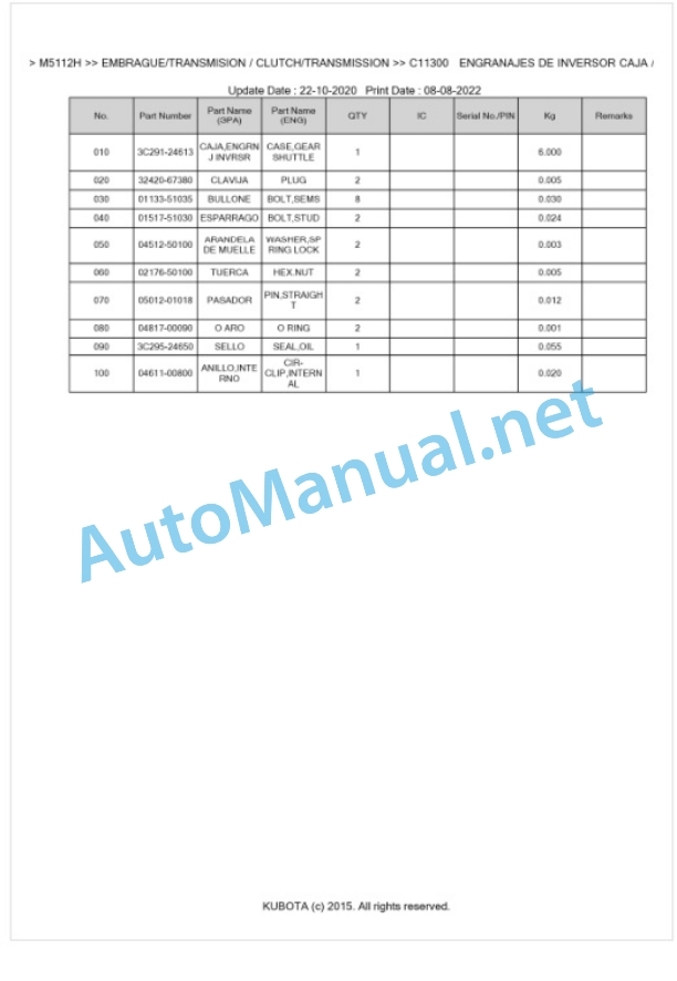 Kubota M5092H, M5112H Parts Manual PDF BKIDK5418-3