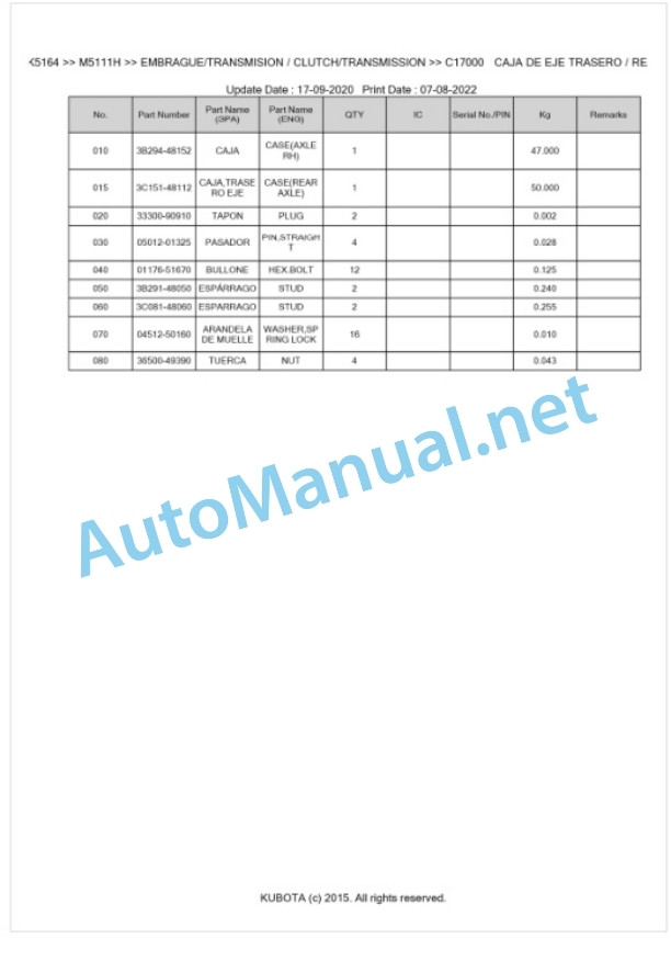 Kubota M5111H Parts Manual PDF BKIDK5164-3