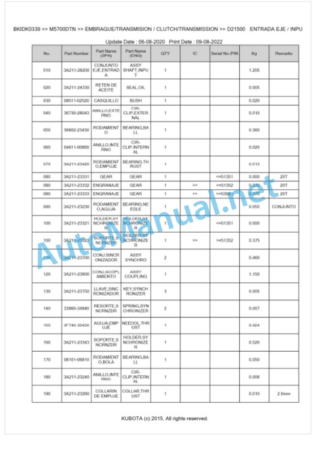 Kubota M5700DTN Parts Manual PDF BKIDK0339-3