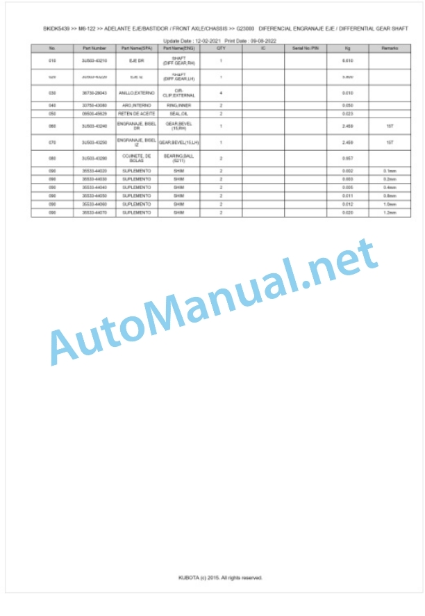 Kubota M6-122, M6-132, M6-142 Parts Manual PDF BKIDK5439-4