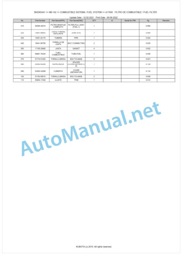 Kubota M6-122, M6-132, M6-142 Parts Manual PDF BKIDK5441-2