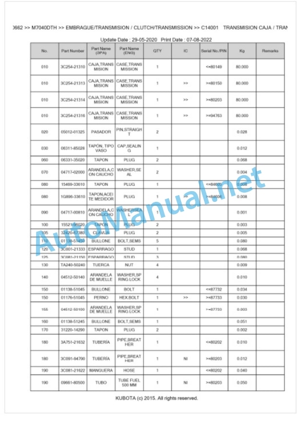 Kubota M6040, M7040 Parts Manual PDF BKIDK0662-3