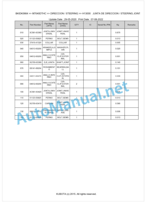 Kubota M6040C, M7040C Parts Manual PDF BKIDK0664-4