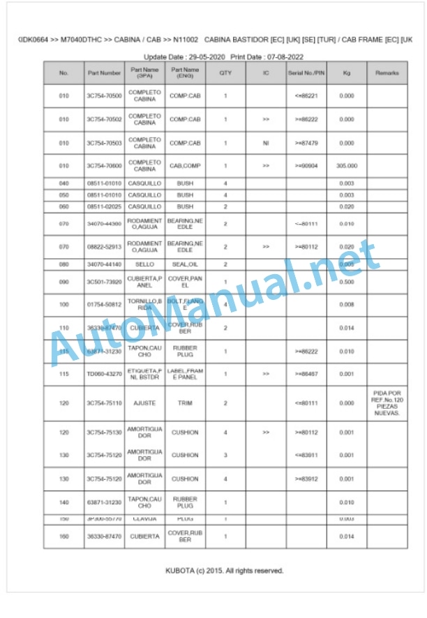 Kubota M6040C, M7040C Parts Manual PDF BKIDK0664-5