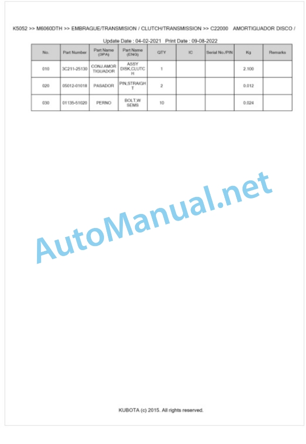 Kubota M6060, M7060 Parts Manual PDF BKIDK5052-3