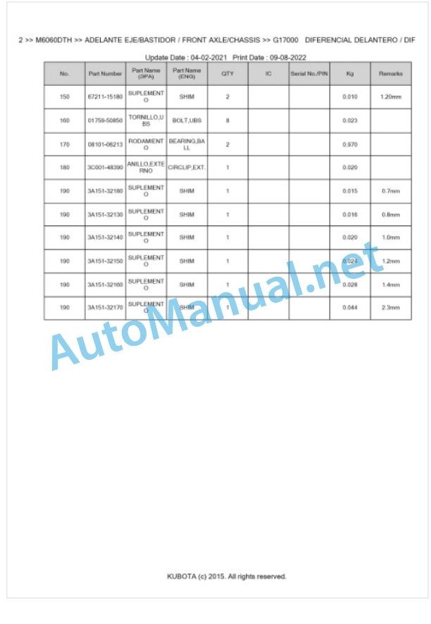 Kubota M6060, M7060 Parts Manual PDF BKIDK5052-4