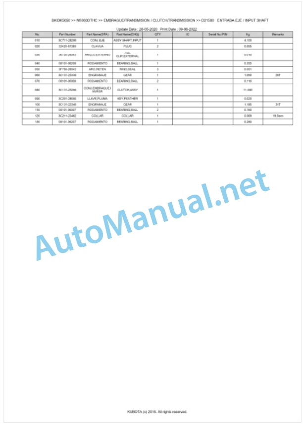 Kubota M6060C, M7060C Parts Manual PDF BKIDK5050-3