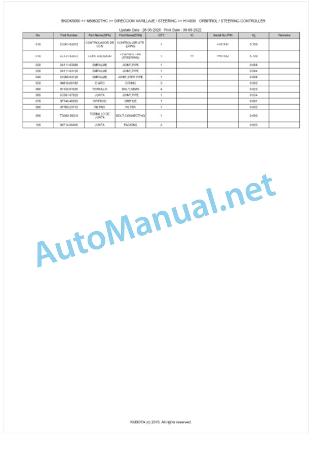 Kubota M6060C, M7060C Parts Manual PDF BKIDK5050-4