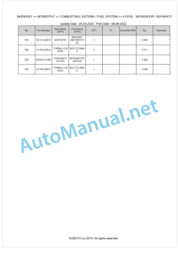 Kubota M6060C, M7060C Parts Manual PDF BKIDK5051-2