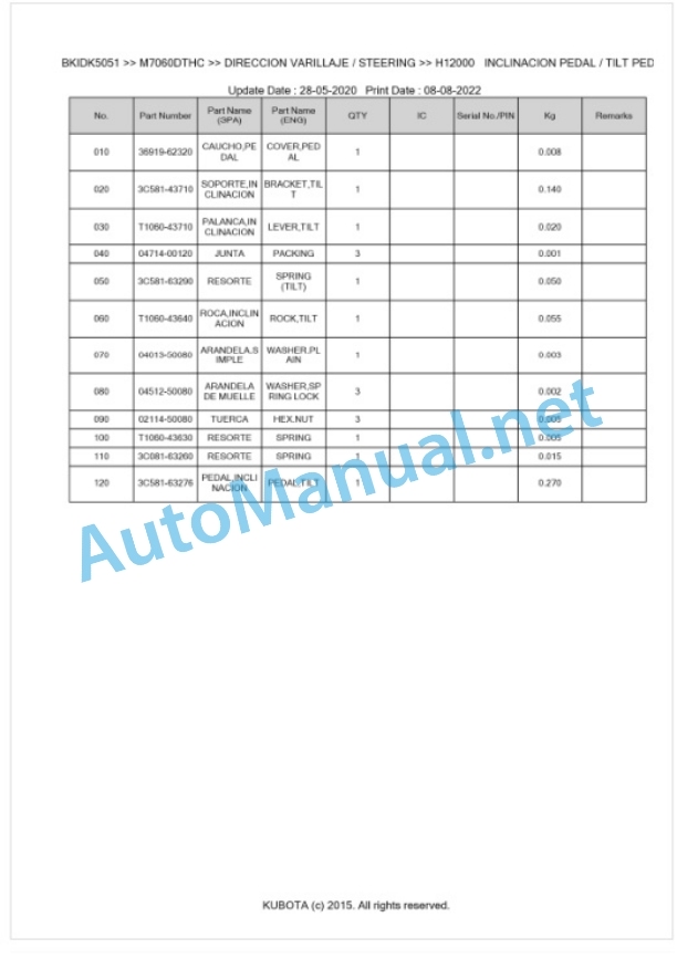 Kubota M6060C, M7060C Parts Manual PDF BKIDK5051-4