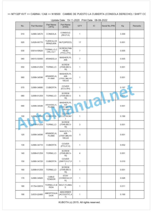 Kubota M7132, M7152, M7172 Parts Manual PDF BKIDK5261-5