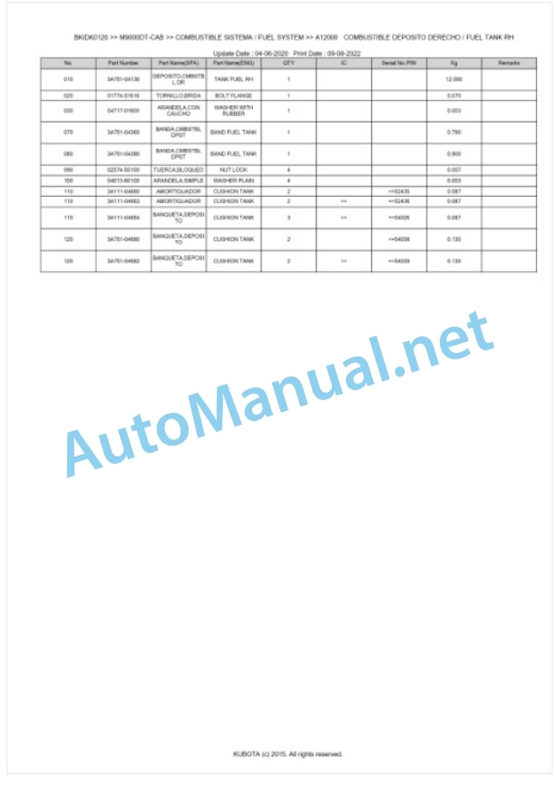 Kubota M8200, M9000 Parts Manual PDF BKIDK0120-2