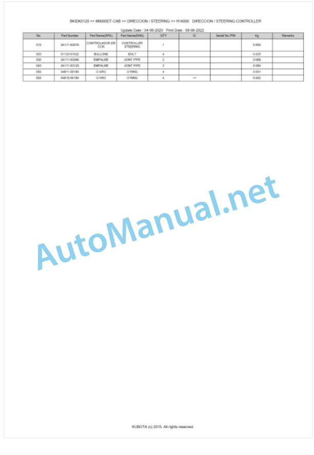 Kubota M8200, M9000 Parts Manual PDF BKIDK0120-4