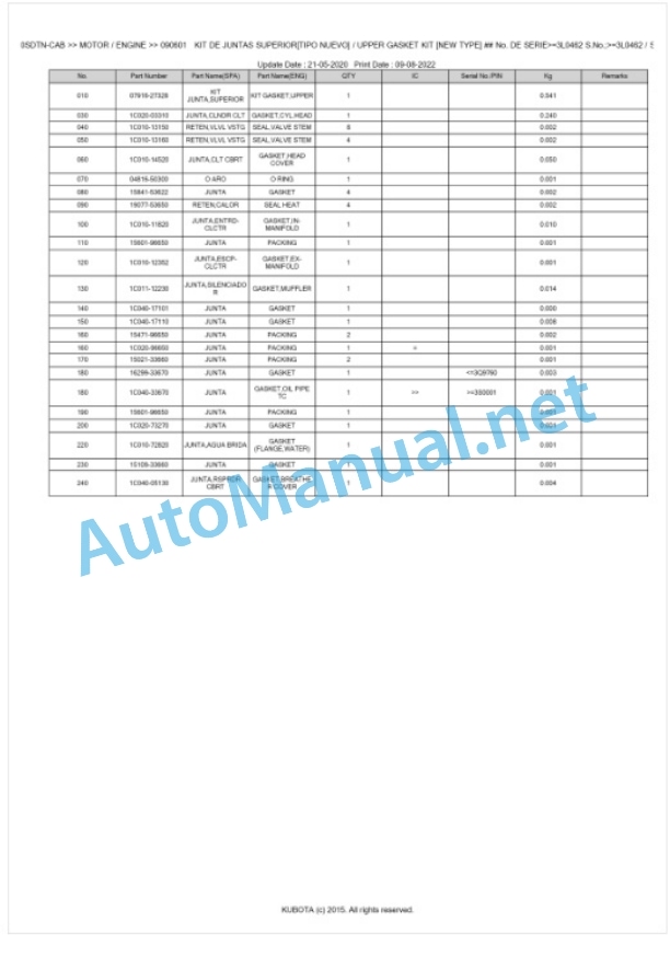 Kubota M8200SDTN-CAB Parts Manual PDF BKIDK0463-2