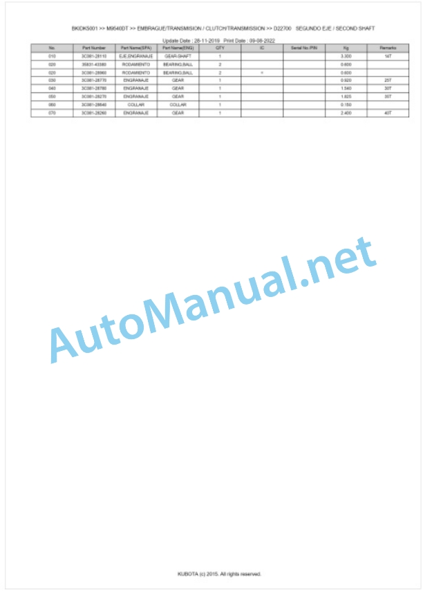 Kubota M8540, M9540 Parts Manual PDF BKIDK5001-3