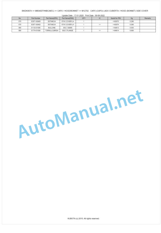 Kubota M8540DTHNBC Parts Manual PDF BKIDK0674-5