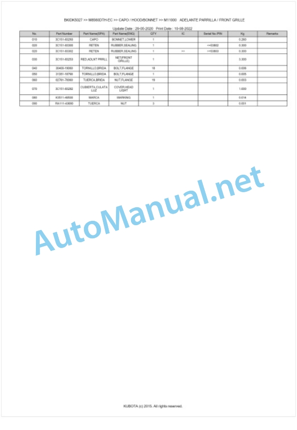 Kubota M8560, M9960 Parts Manual PDF BKIDK5027-5