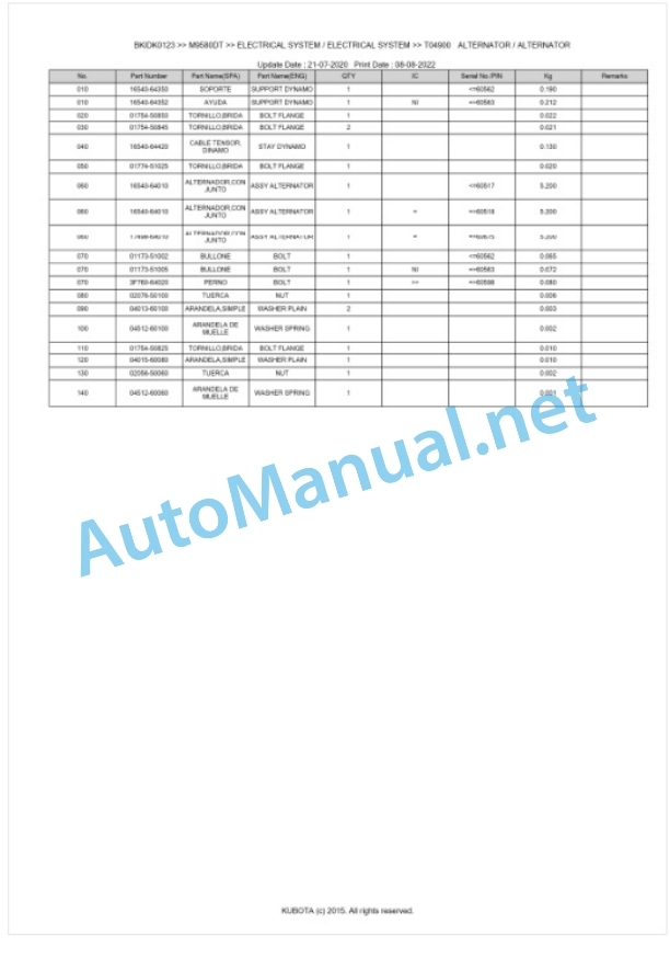 Kubota M9580DT Parts Manual PDF BKIDK0123-2