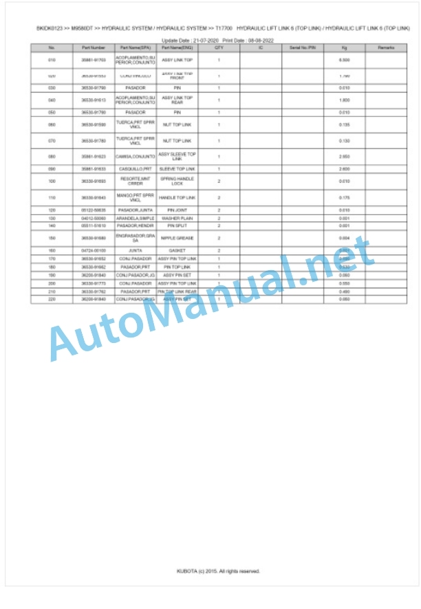 Kubota M9580DT Parts Manual PDF BKIDK0123-5