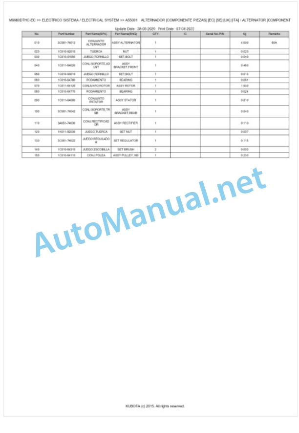 Kubota M9960DTHC-EC Parts Manual PDF BKIDK5033-2