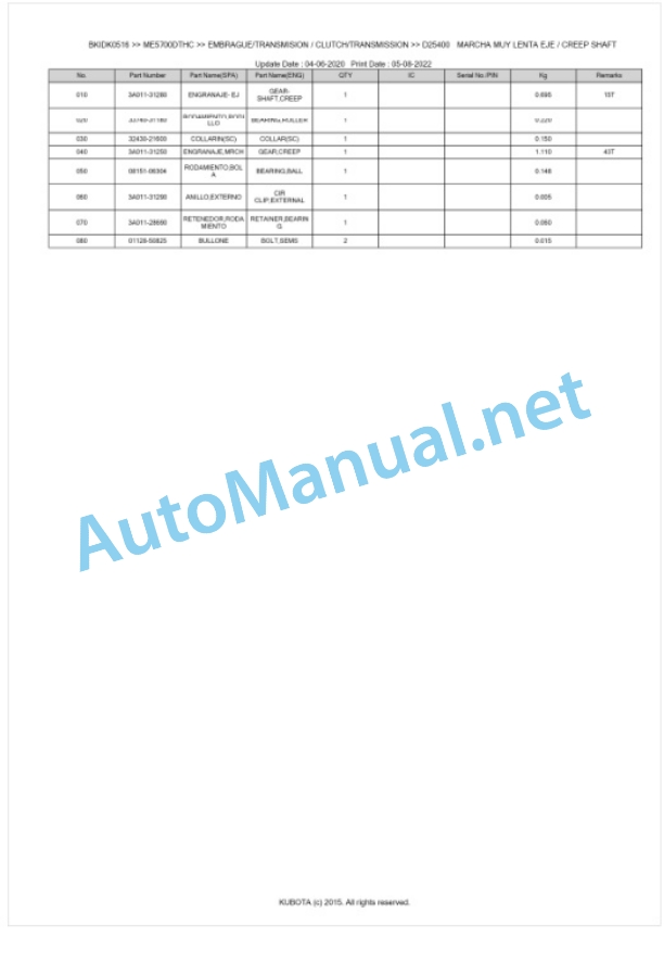 Kubota ME5700DTHC Parts Manual PDF BKIDK0516-3