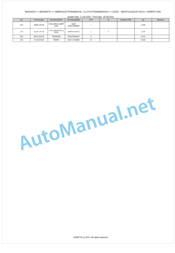 Kubota ME8200DTH, ME9000DTH Parts Manual PDF BKIDK0503-3