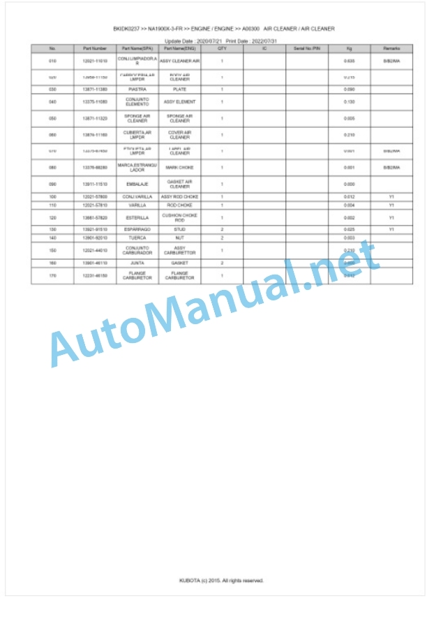 Kubota NA1900X-3-FR Parts Manual PDF BKIDK0237-2