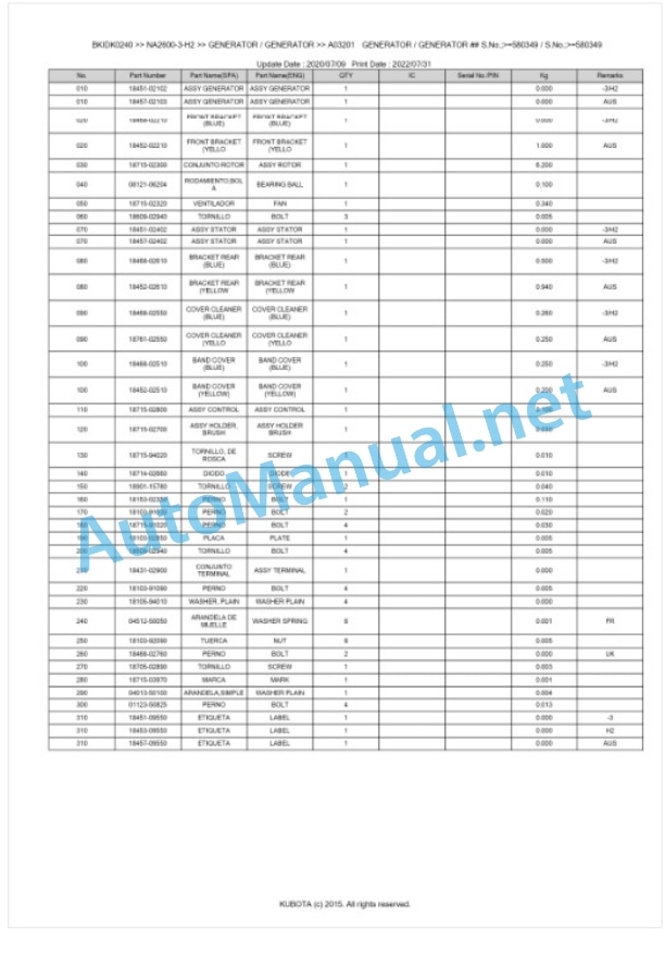 Kubota NA2600-3-H2 Parts Manual PDF BKIDK0240-3