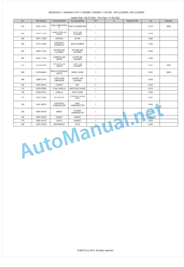 Kubota NA2600X-3-FR Parts Manual PDF BKIDK0242-2