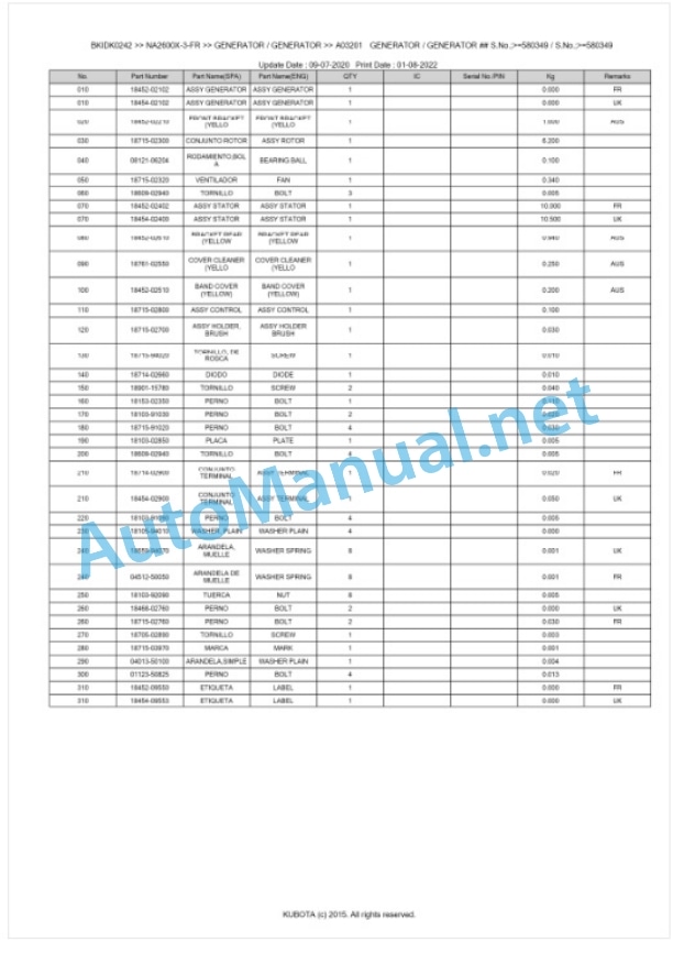 Kubota NA2600X-3-FR Parts Manual PDF BKIDK0242-5