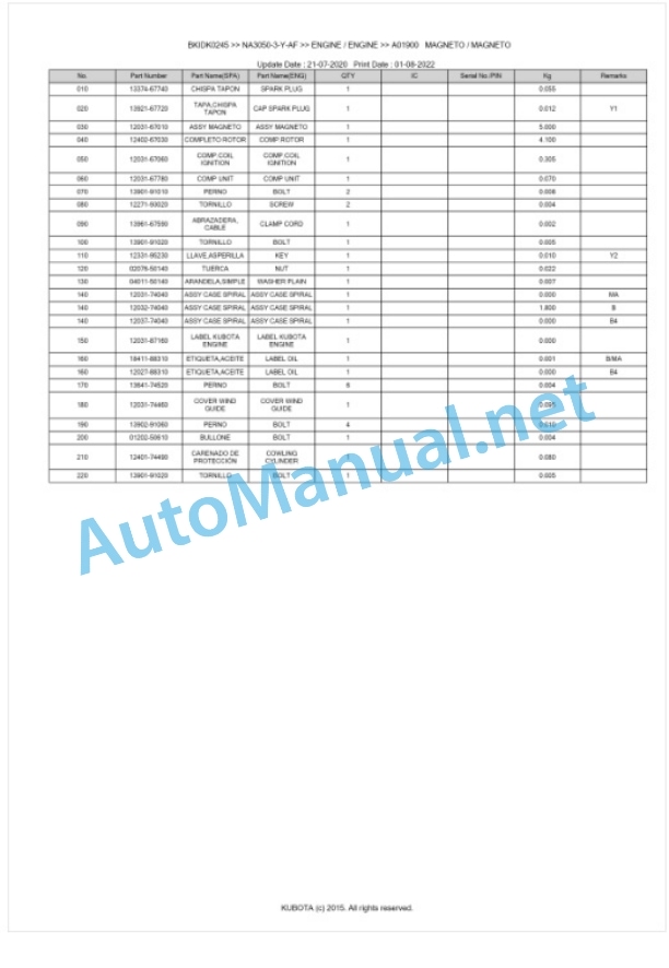 Kubota NA3050-3-Y-AF Parts Manual PDF BKIDK0245-4