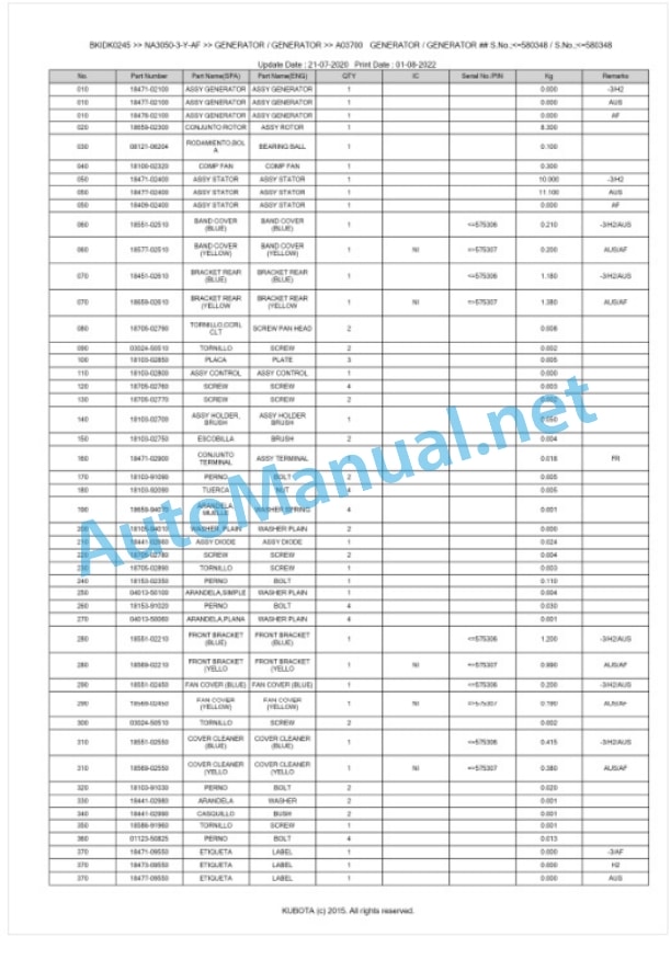 Kubota NA3050-3-Y-AF Parts Manual PDF BKIDK0245-5