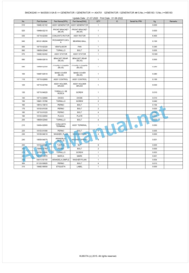 Kubota NA3500-3-SA-B Parts Manual PDF BKIDK0248-5