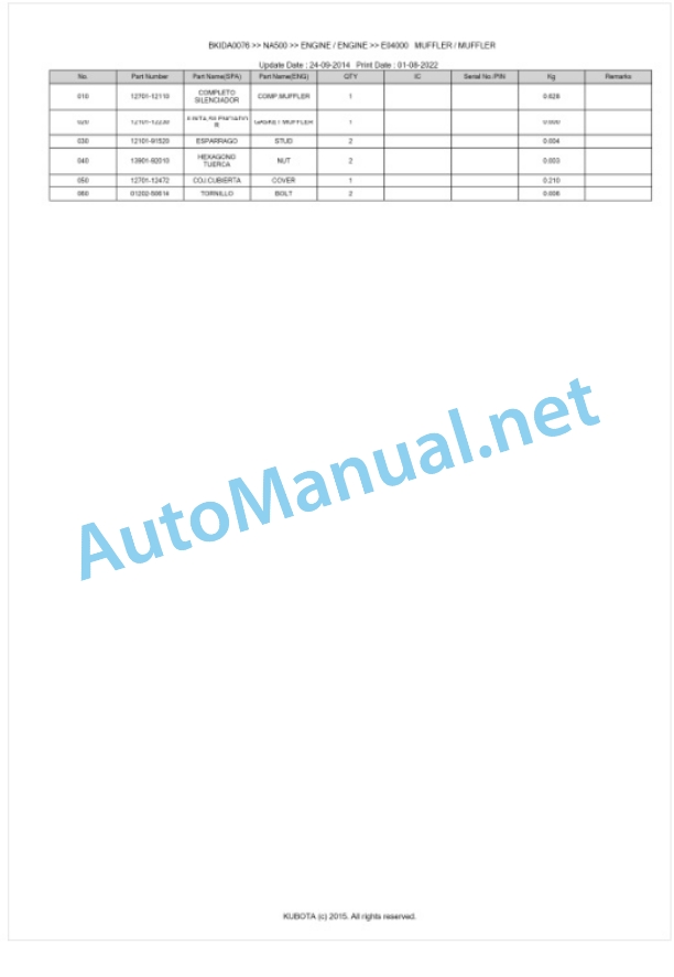 Kubota NA500 Parts Manual PDF BKIDA0076-4